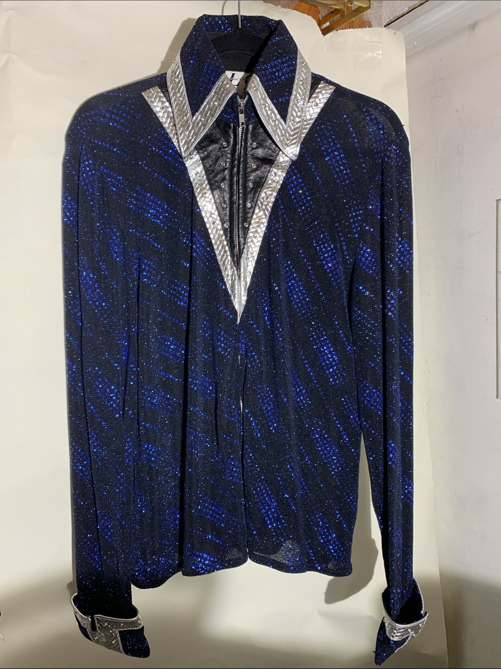 Women's Black and Blue Sparkle Zip-Front Blouse with Silver lamb skin Trim